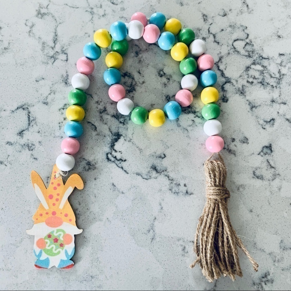Easter Bunny Gnome Wood Bead Garland Yellow Egg Tiered Tray Decor